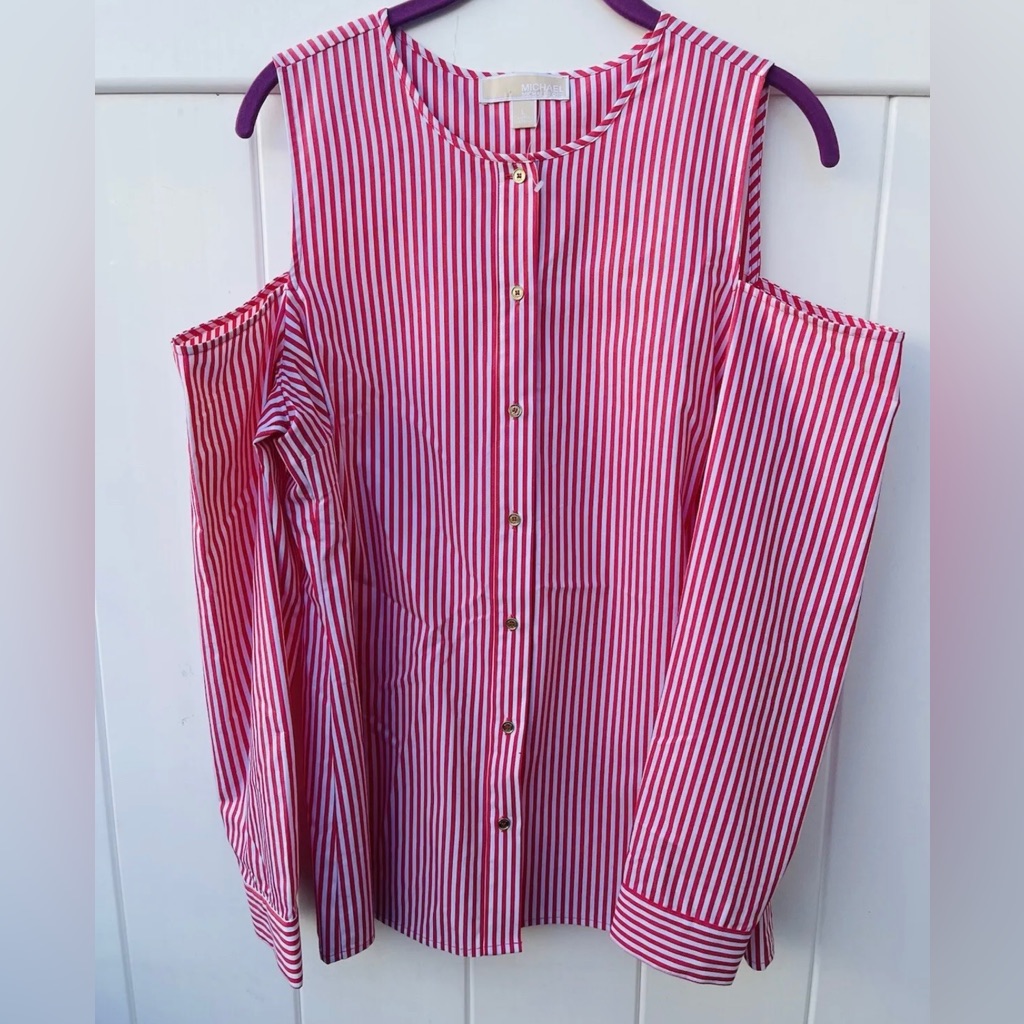 Michael Kors Blouse Red/White Keyhole In Shoulder Size Large